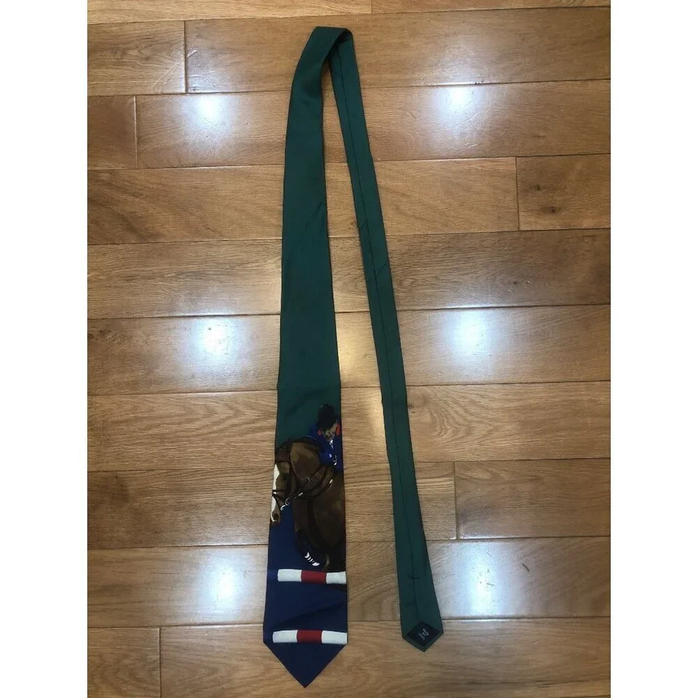 Vintage Polo Ralph Lauren Hunter Green Silk Equestrian Themed Necktie